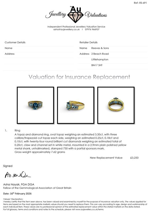 18ct yellow gold diamond and topaz ring with a sparkling center stone, featuring intricate band detailing.
