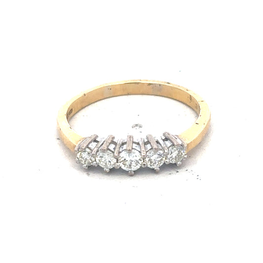 18ct yellow gold five-stone diamond ring with 1/2 carat total weight, featuring sparkling diamonds in a classic design.