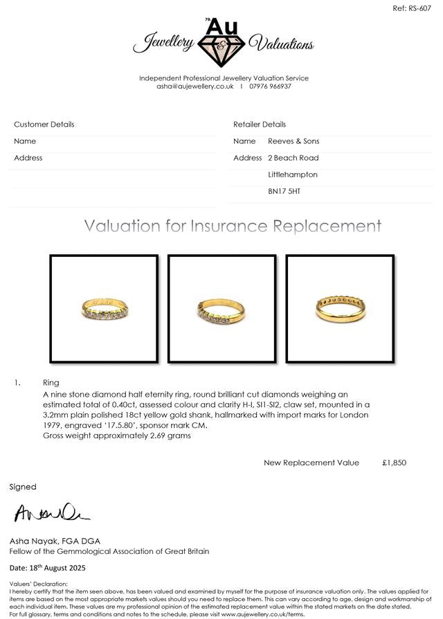 18ct yellow gold half eternity diamond ring with sparkling diamonds, showcasing elegant jewelry design.
