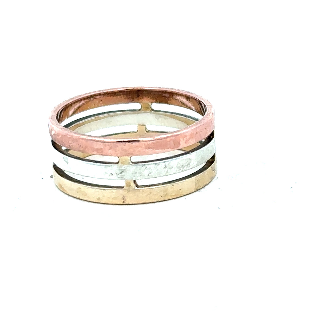 9ct gold ring in size P with a smooth band, unbranded jewelry, showcasing a close-up of the gold ring on a plain background.