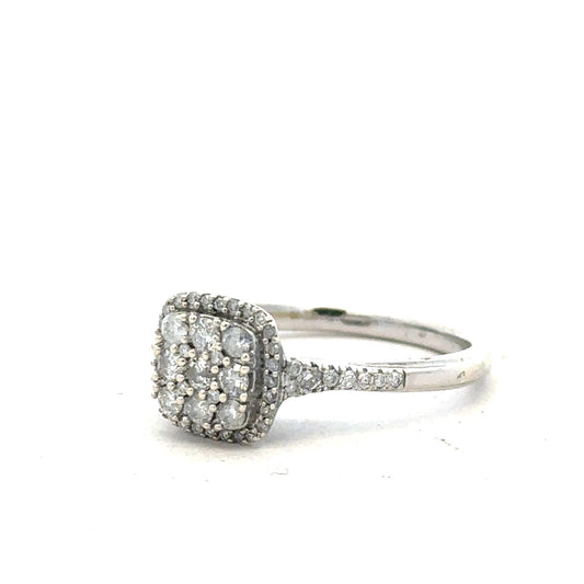 9ct white gold diamond ring with 0.40 carats of diamonds, size P, showcasing elegant jewelry design.