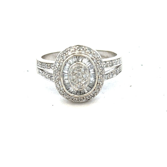 9ct white gold diamond ring with 1/2 carat diamond, size P, featuring a classic design and sparkling gemstone detail.
