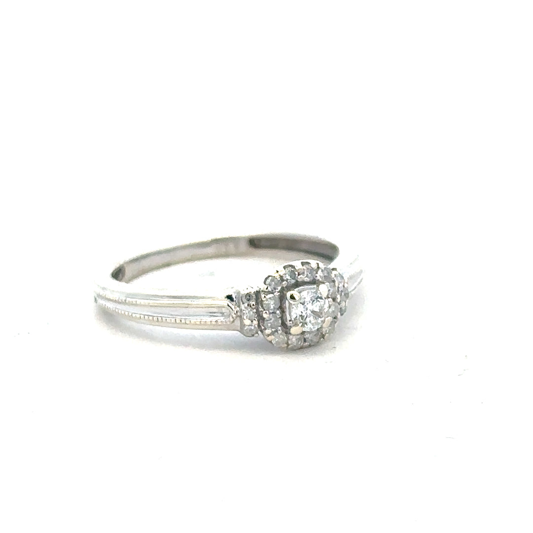 9ct white gold diamond ring with 20pts of diamonds, size K1/2, featuring a sleek and elegant design.