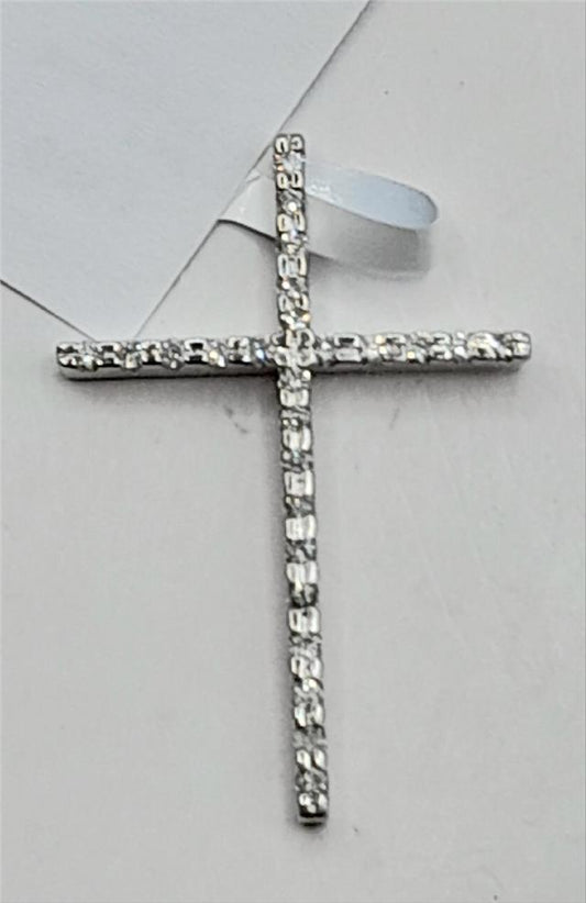 9ct white gold diamond cross pendant, unbranded, with sparkling diamonds and a weight of 2.1 grams, shown on a plain background.