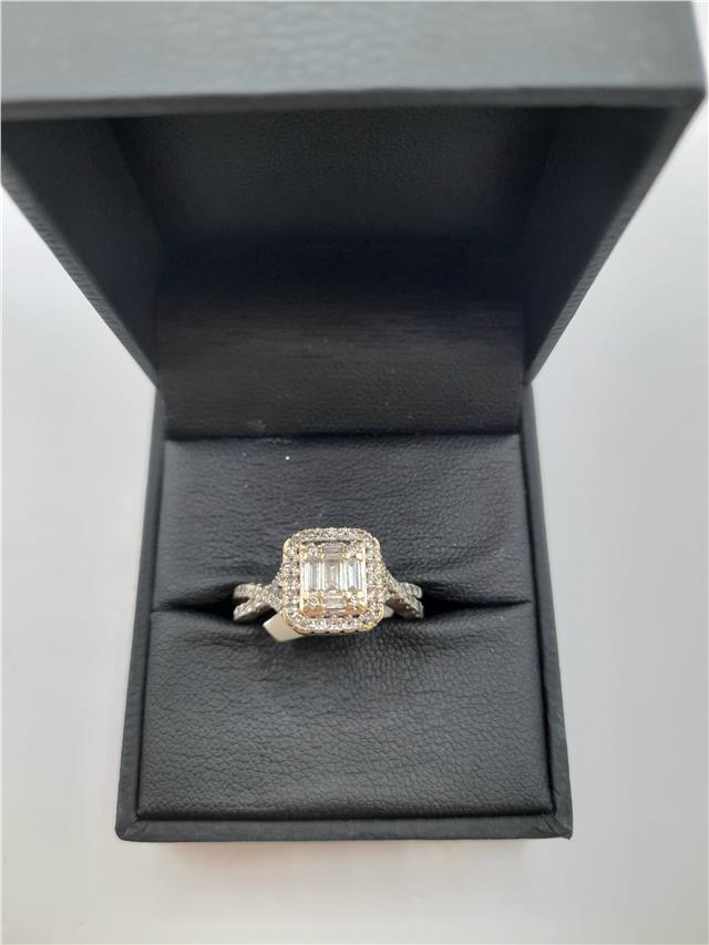 9ct yellow gold diamond ring with 0.62 carats, size M, featuring sparkling diamonds and a sleek band design.