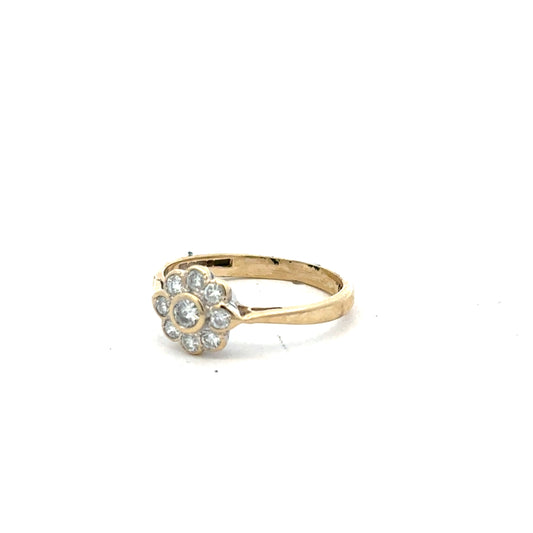 9ct yellow gold diamond ring with 25pts accent diamonds in size L, unbranded jewelry with elegant design and gold finish.