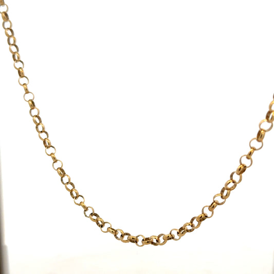 9ct yellow gold belcher chain weighing 15g, displayed flat with detailed links, unbranded jewelry chain for men or women