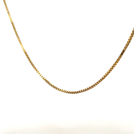 9ct yellow gold box chain necklace weighing 6.4g, featuring a sleek, polished design and secure clasp.