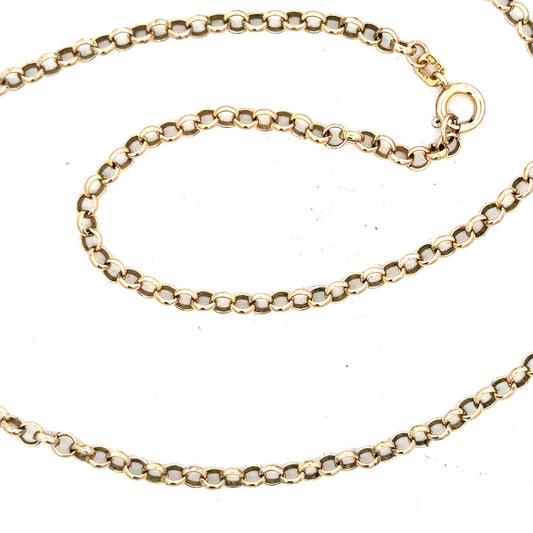 9ct yellow gold chain weighing 7.2g, featuring a classic design, shown on a plain background with a shiny finish.