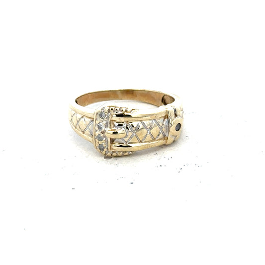 9ct yellow gold diamond buckle ring in size R with sparkling diamonds, showcasing an elegant jewelry design.
