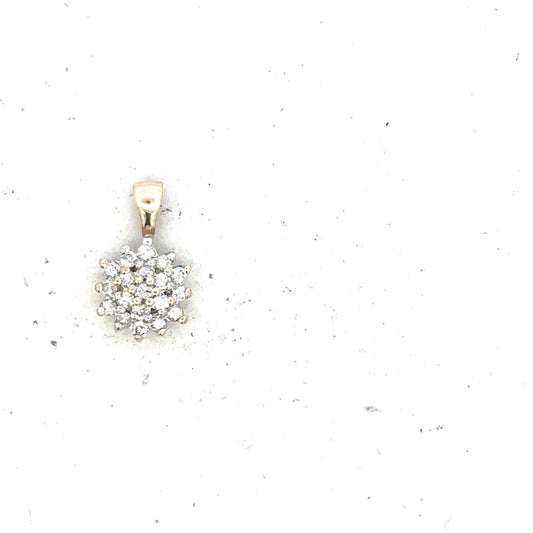9ct yellow gold diamond pendant with a delicate design, weighing 0.6g, featuring sparkling diamonds on a simple chain.