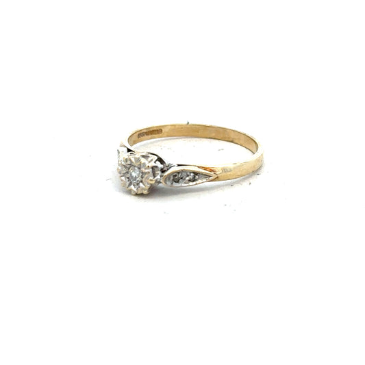 9ct yellow gold diamond ring in size P with sparkling diamonds, crafted for elegant style.