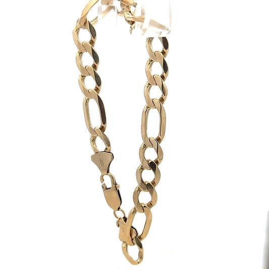9ct yellow gold figaro bracelet weighing 20.1g, showcasing linked chain design and polished finish.