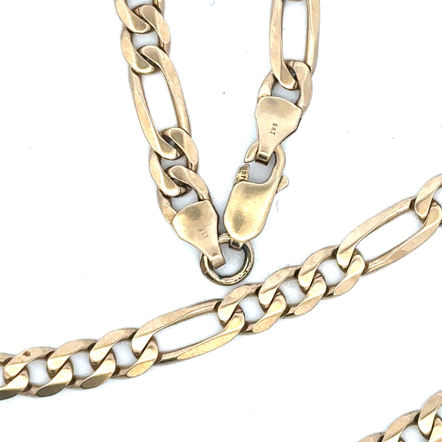 9ct yellow gold Figaro chain with a polished finish, weighing 24.8g, showcasing its intricate linked design.
