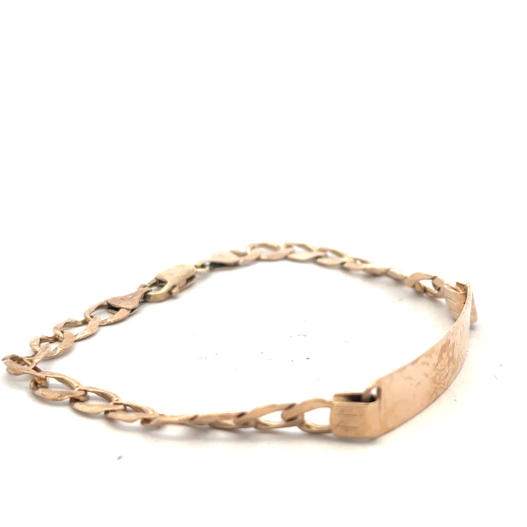 9ct yellow gold ID bracelet weighing 9.7g with a sleek, polished design, featuring a customizable ID plate and secure clasp.
