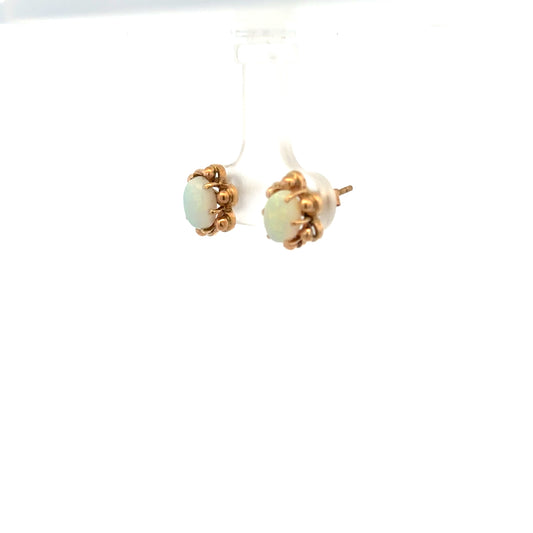 9ct yellow gold opal earrings with vibrant iridescent stones, featuring a classic stud design and a total weight of 2.1g.