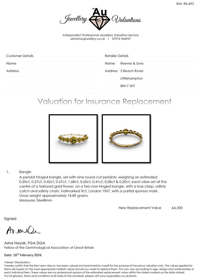 9ct yellow gold peridot bangle with green gemstones, elegant jewelry piece featuring a sleek gold design and vibrant peridot stones.