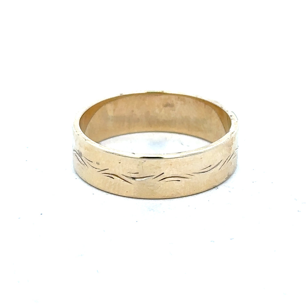 9ct yellow gold ring in size S with a smooth band, unbranded, shown on a white background.