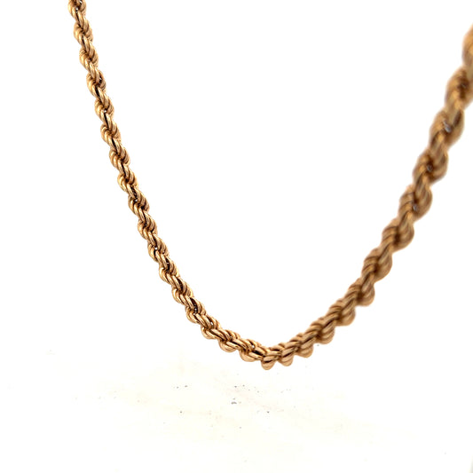 9ct yellow gold rope chain weighing 15.1g, featuring a polished twisted design and sturdy clasp, unbranded jewelry accessory.