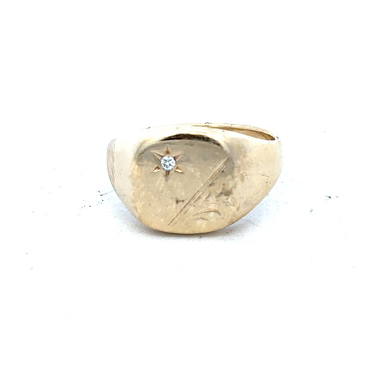 9ct yellow gold signet ring in size T1/2 featuring a smooth, polished surface and classic design.