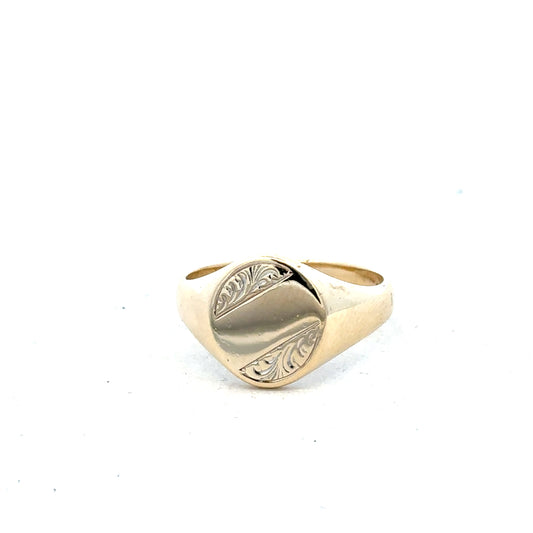 9ct yellow gold signet ring in size X1/2 featuring a smooth, polished surface and classic design.