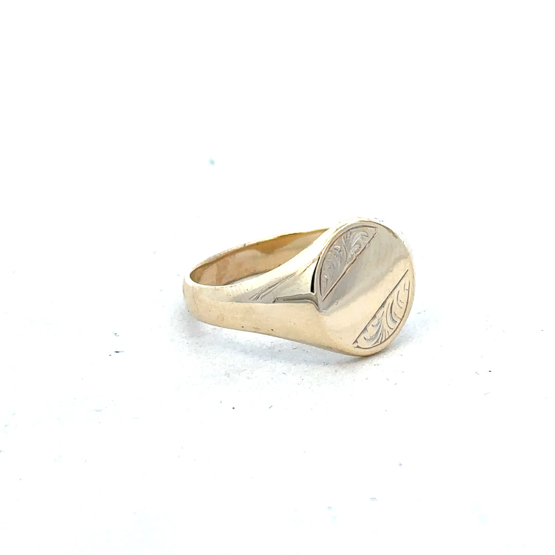9ct yellow gold signet ring in size X1/2, unbranded, featuring a smooth polished finish and classic signet style.