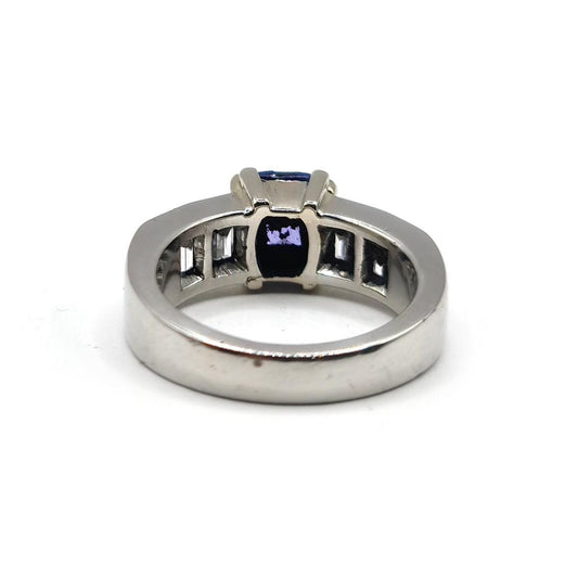 Platinum ring featuring a 1.79 carat tanzanite gemstone and 1.60 carat diamonds, showcasing an elegant jewelry design.