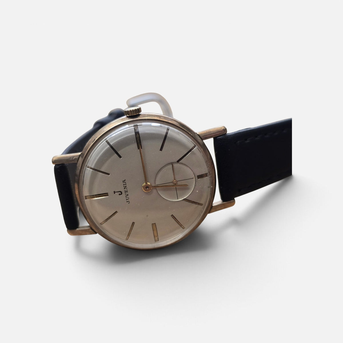Vintage Juvenia 9ct yellow gold mechanical dress watch with sub-seconds dial on leather strap