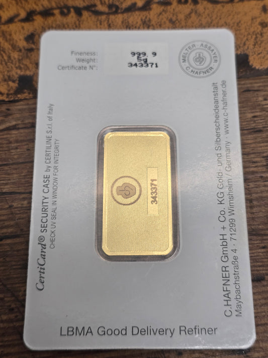 5g C. HAFNER Fine Gold Bar – 999.9 / 24ct Pure Gold in Sealed Assay Blister Packaging (LBMA Accredited Refiner)