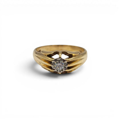 9ct yellow gold diamond ring by Reeves and Sons with sparkling diamonds, elegant design, photographed on a neutral background.