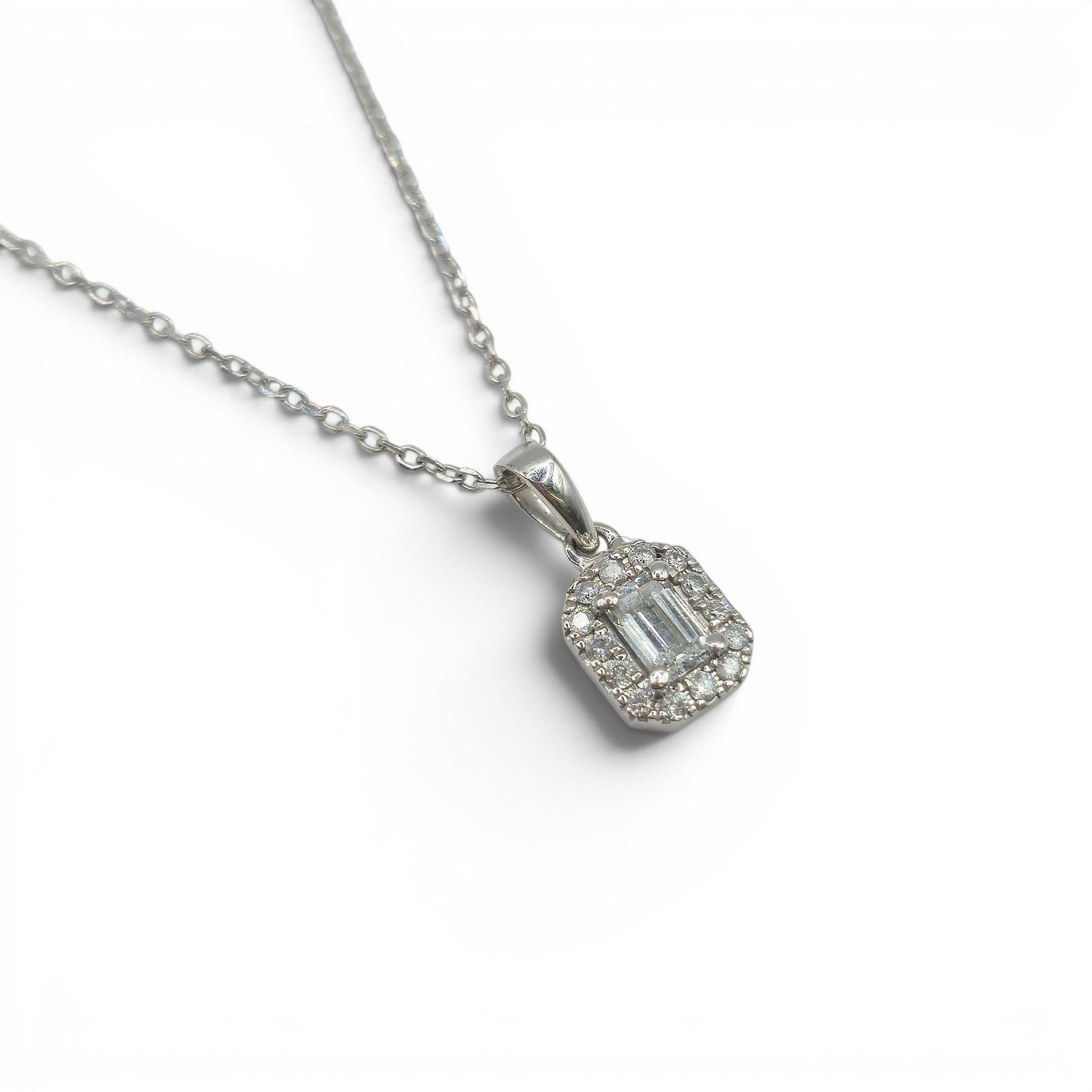 18ct white gold diamond cluster pendant by Reeves and Sons, featuring a sparkling diamond design on a delicate chain