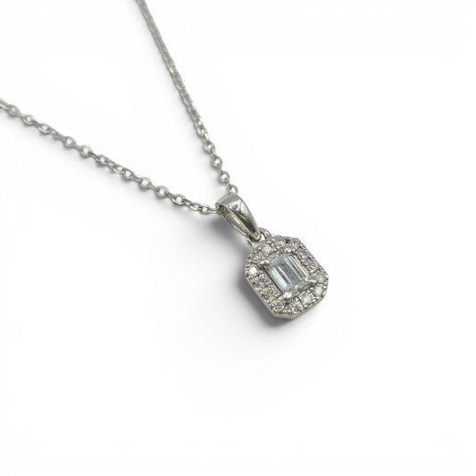 18ct white gold diamond cluster pendant by Reeves and Sons, featuring a sparkling diamond design on a delicate chain