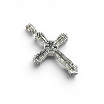 9ct white gold diamond cross pendant by Reeves and Sons, featuring sparkling diamonds on a sleek cross design.