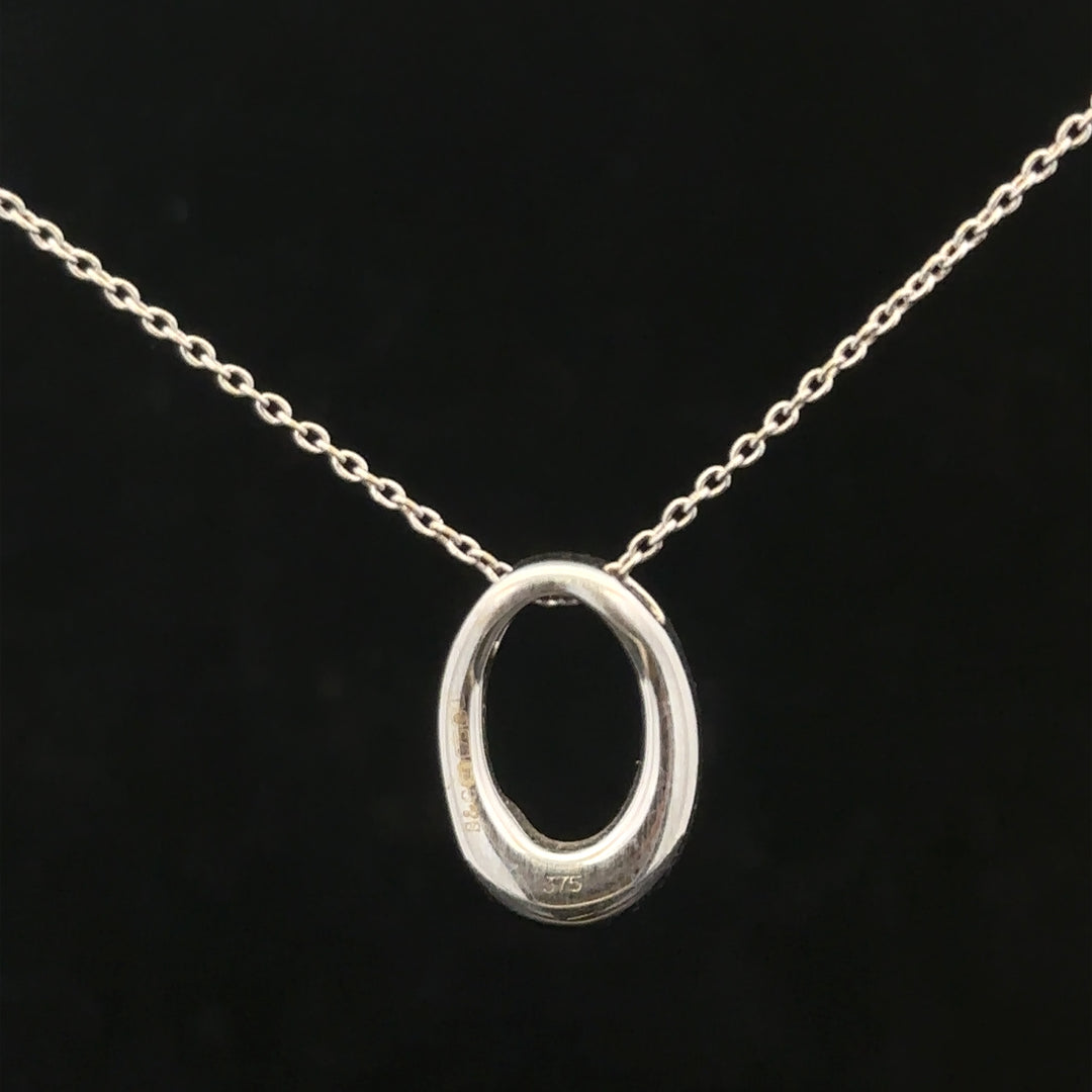 9ct white gold chain with a white gold and diamond pendant, featuring a delicate design and sparkling gemstone accents.