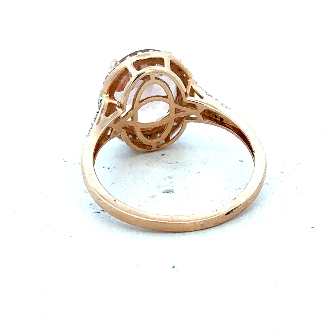 14ct gold ring with morgantite and diamond accents, size S, elegant jewelry piece with intricate design and sparkling gemstones.