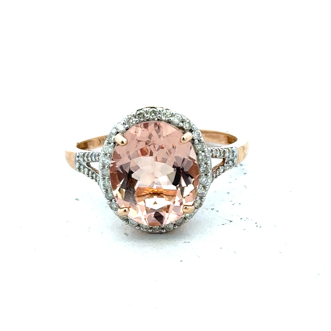 14ct gold Morganite and diamond ring in size S with intricate setting, showcasing sparkling gemstones and elegant design.