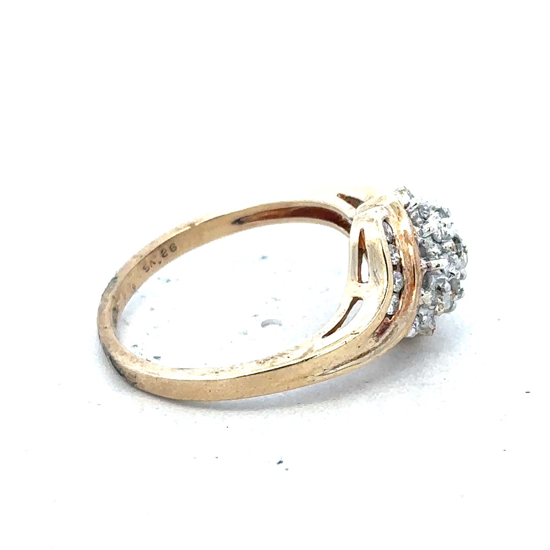 9ct yellow gold diamond ring with 0.26 carats, size P, featuring a sparkling central diamond and polished gold band.