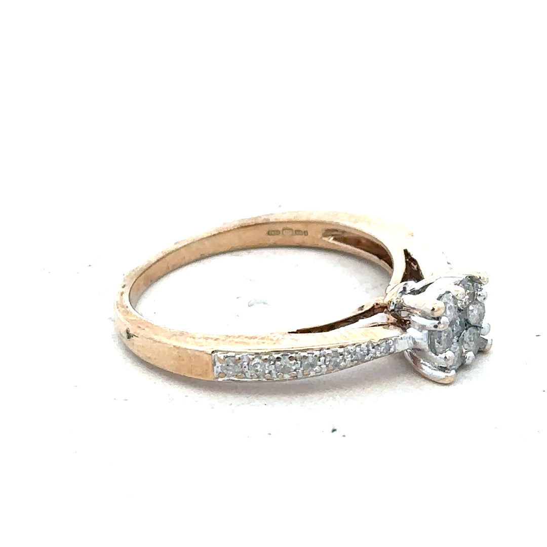 9ct yellow gold diamond ring size P with sparkling diamonds, showcasing an elegant unbranded jewelry design.