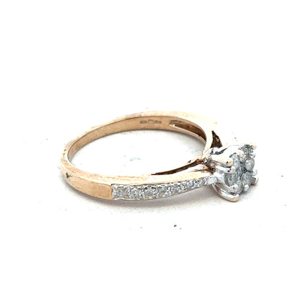9ct yellow gold diamond ring size P with sparkling diamonds, showcasing an elegant unbranded jewelry design.