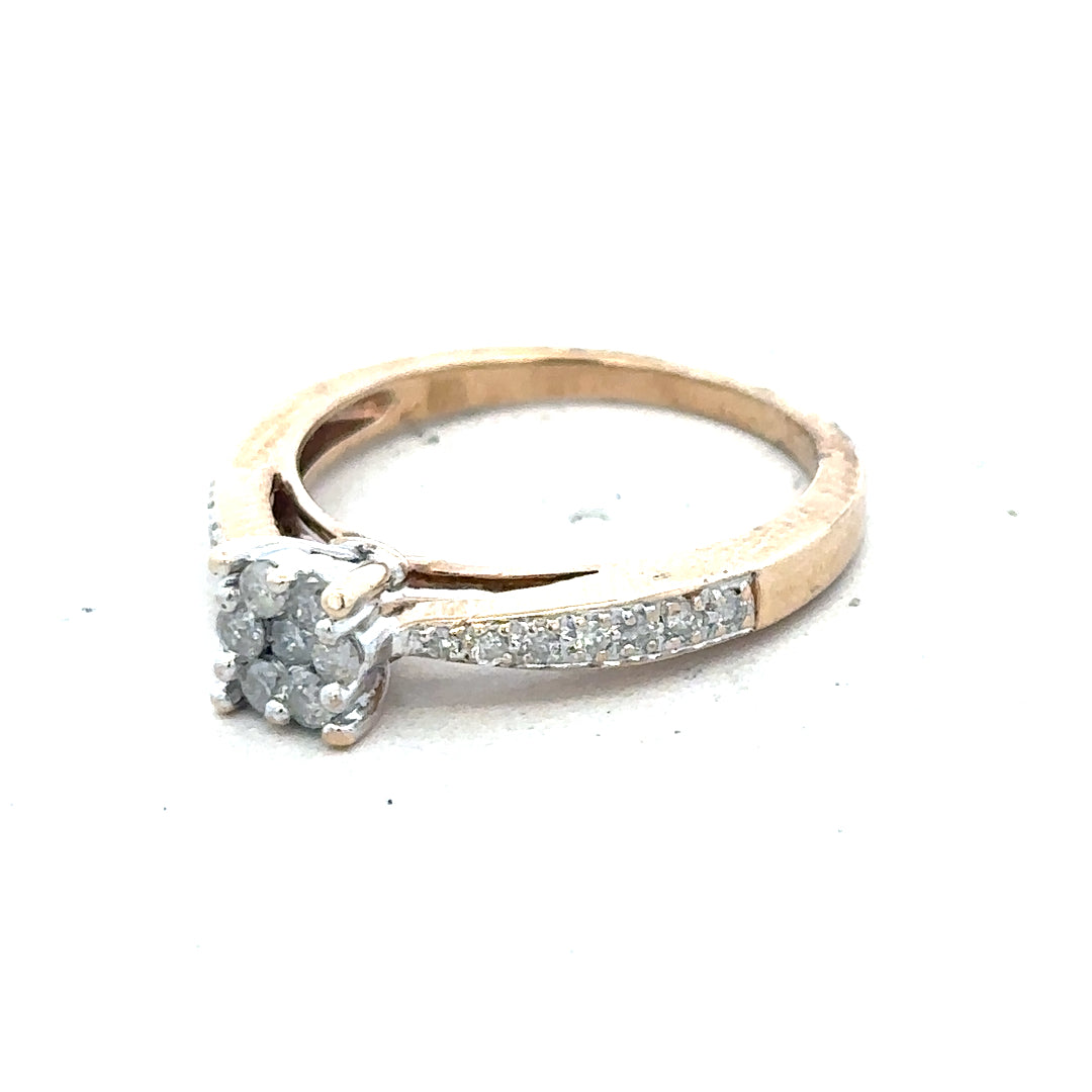 9ct yellow gold diamond ring in size P with sparkling diamonds, featuring a simple and elegant design.