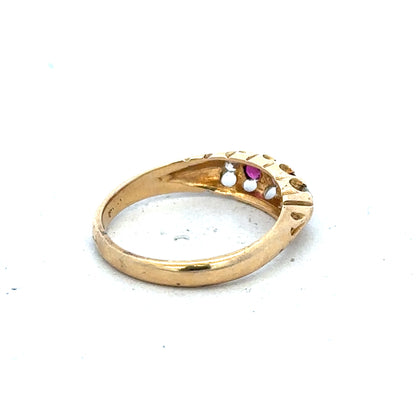 18ct yellow gold diamond and ruby ring size N, featuring sparkling gemstones and intricate band design.