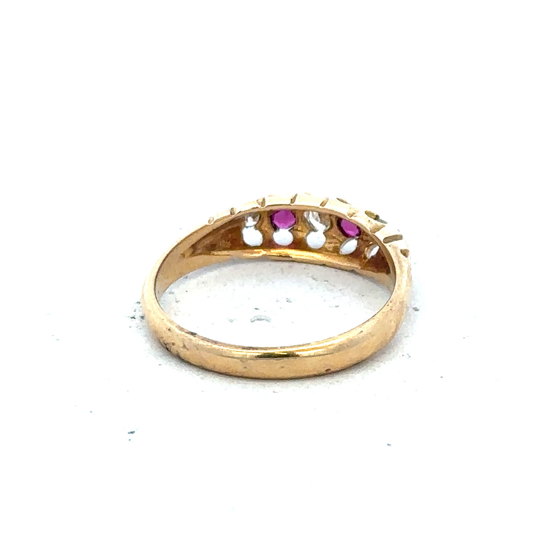 18ct yellow gold diamond and ruby ring, size N, featuring sparkling gemstones and elegant design.
