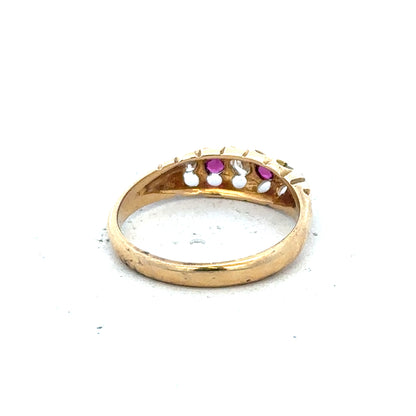 18ct yellow gold diamond and ruby ring, size N, featuring sparkling gemstones and elegant design.
