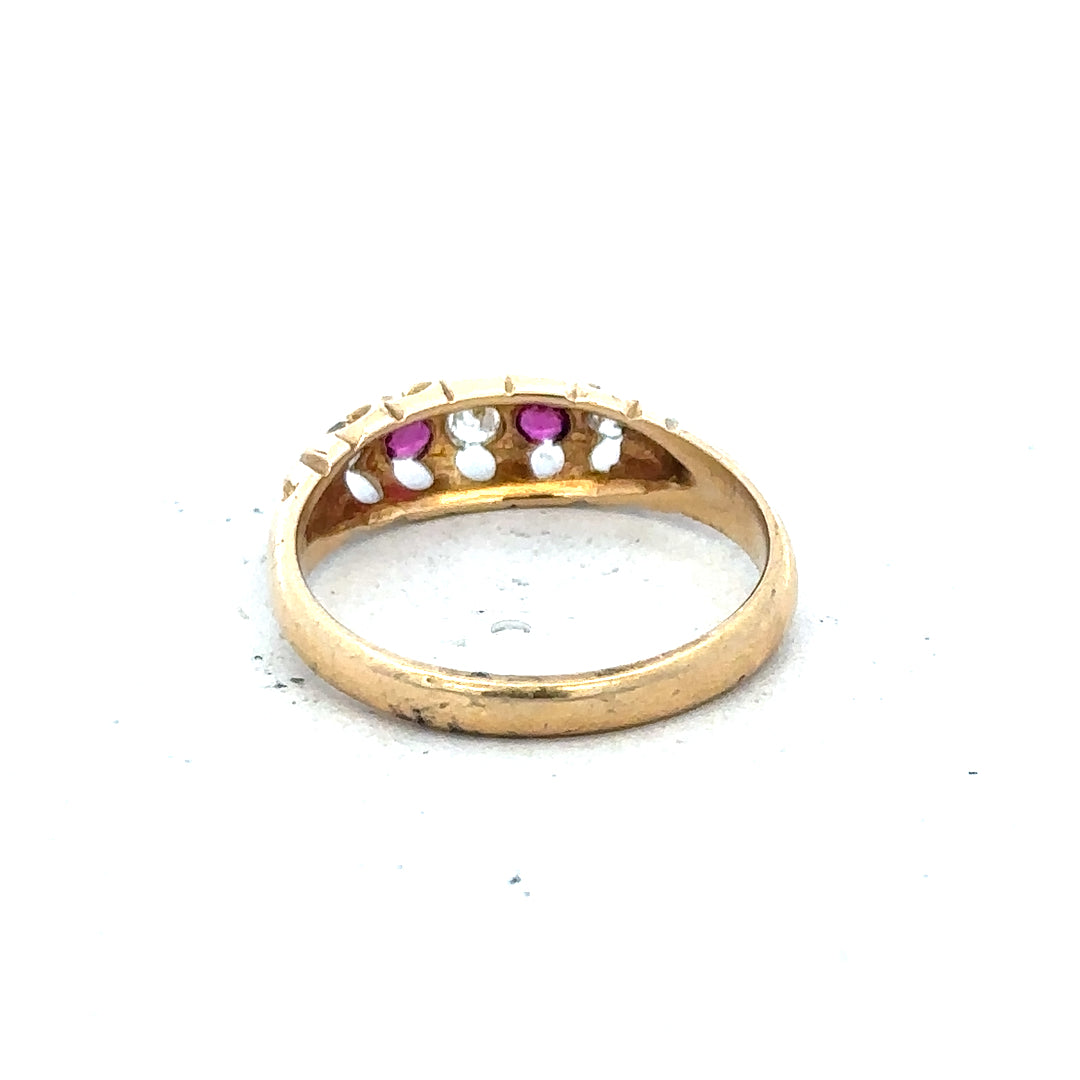 18ct yellow gold diamond and ruby ring size N, featuring a detailed close-up of sparkling gemstones and elegant band design