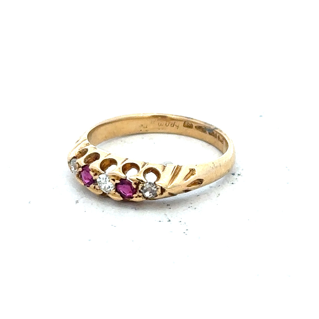 18ct yellow gold diamond and ruby ring size N, featuring sparkling gemstones and elegant band design.