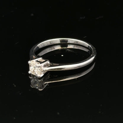 18ct yellow gold diamond ring with 1/3 ct princess cut diamond, size M, featuring a sleek, elegant design.