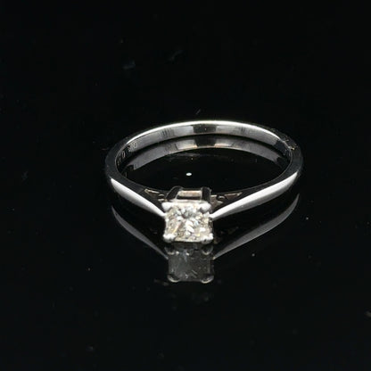18ct yellow gold diamond ring with a 1/3 carat princess cut diamond, size M, featuring elegant jewelry craftsmanship.