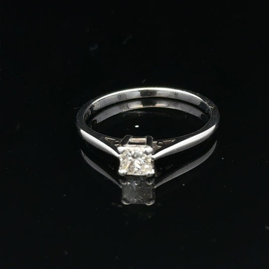 18ct yellow gold diamond ring with a 1/3 carat princess cut diamond, size M, featuring elegant jewelry craftsmanship.