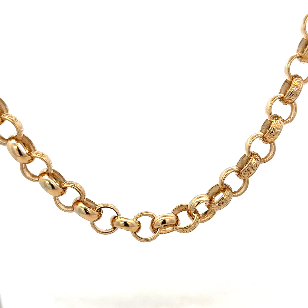 9ct yellow gold belcher chain with a sturdy link design, weighing 86.6g, by Reeves and Sons, shown in close-up.