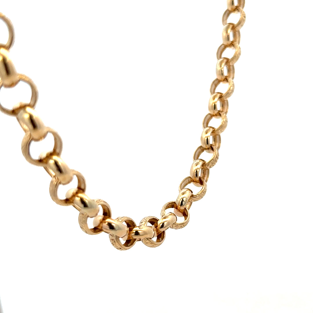 9ct yellow gold belcher chain with a sturdy link design, weighing 86.6g, from Reeves and Sons.